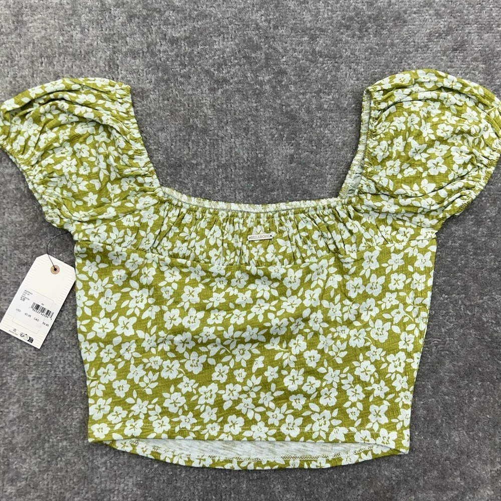 Billabong Crop Peasant Top Womens Small Puff Sleeve Square Neck Floral Green NWT - Picture 2 of 10
